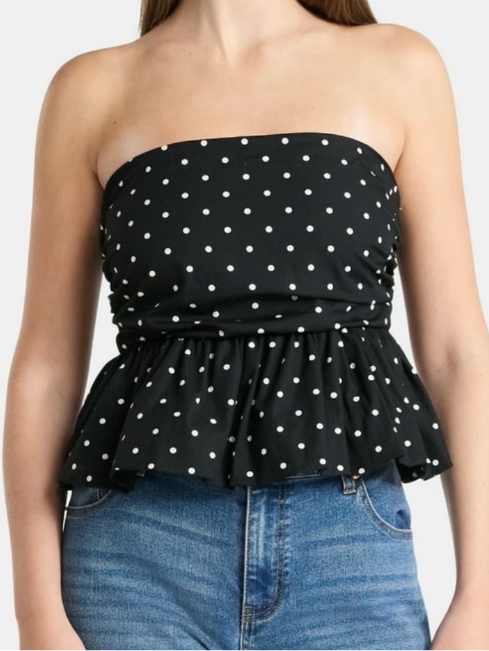 Strapless Black & White Polka Dot Bandeau Tube Top Peplum Top Women’s Xl (16/18)